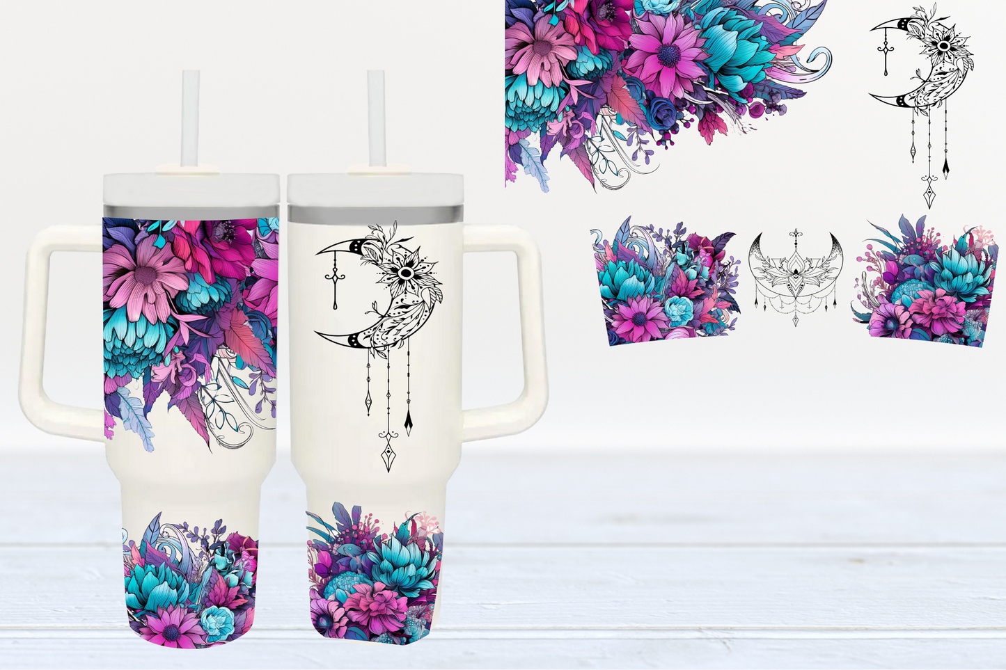 Floral Moon Crystals UV DTF 40oz Cup Wrap #40-23 - In Stock