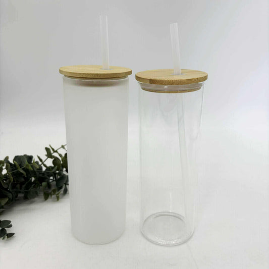 25oz Clear and Frosted Glass Bamboo tumbler for Sublimation