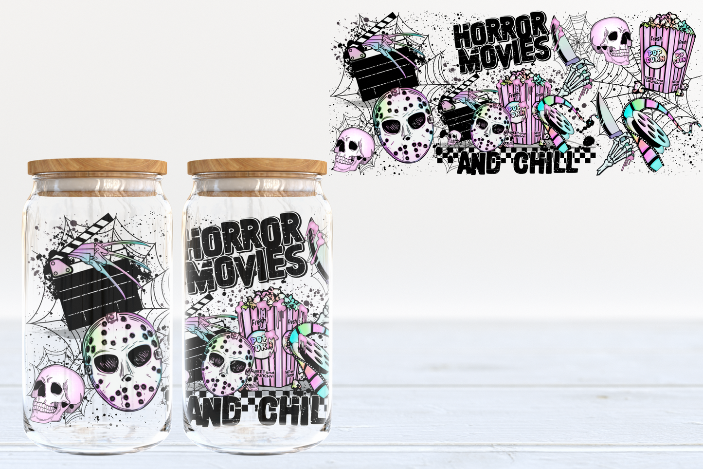 Horror Movies & Chill UV DTF 16oz Cup Wrap #181 - IN STOCK