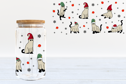 Christmas Ghost Cats UV DTF 16oz Cup Wrap #261 - IN STOCK