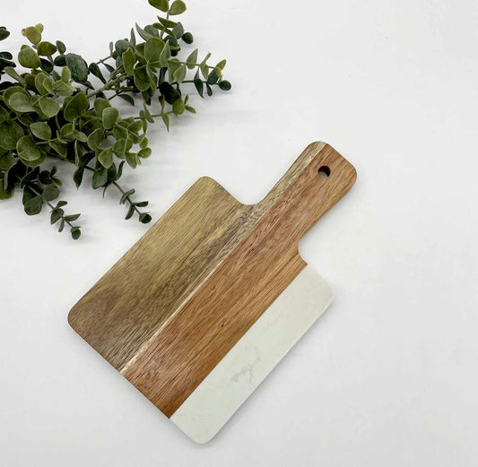 White Marble Acacia Wood Engravable Small Handle Cutting Board