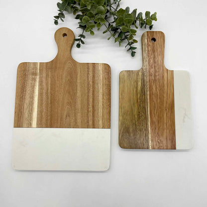 White Marble Acacia Wood Large Handle Engravable Cutting Board