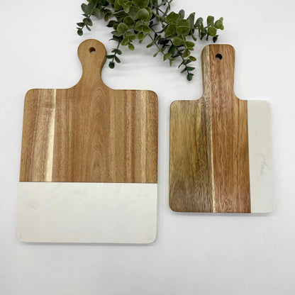 White Marble Acacia Wood Engravable Small Handle Cutting Board