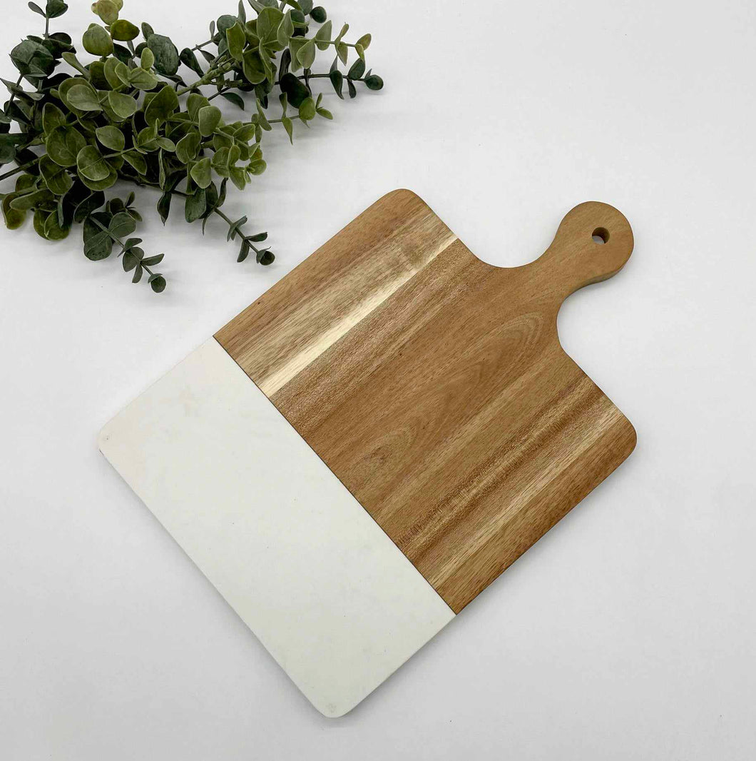 White Marble Acacia Wood Large Handle Engravable Cutting Board