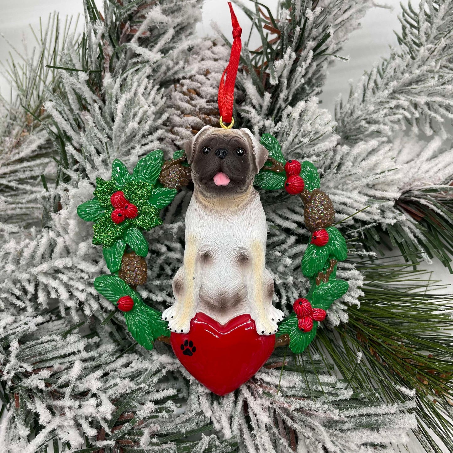 Pug Wreath Polyresin Ornament