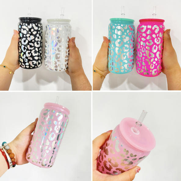 Iridescent Leopard 16oz Glass Can