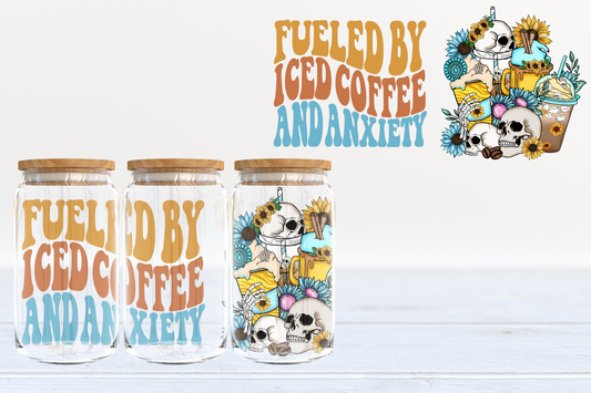 Iced Coffee & Anxiety Skull UV DTF 16oz Cup Wrap #50 - IN STOCK